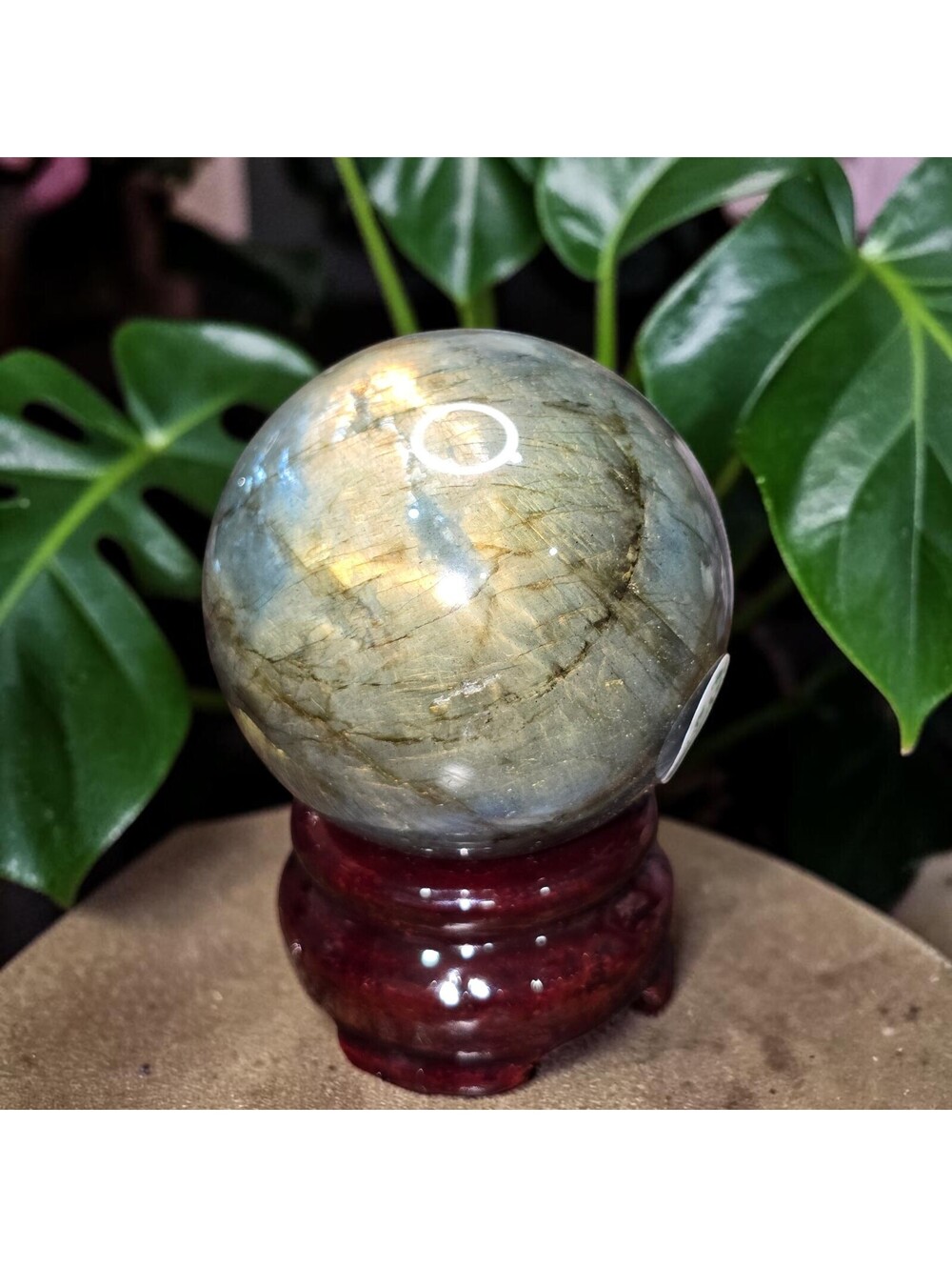 A254. High-quality Orange Flash Labradorite 49mm Natural Crystal Sphere Orb